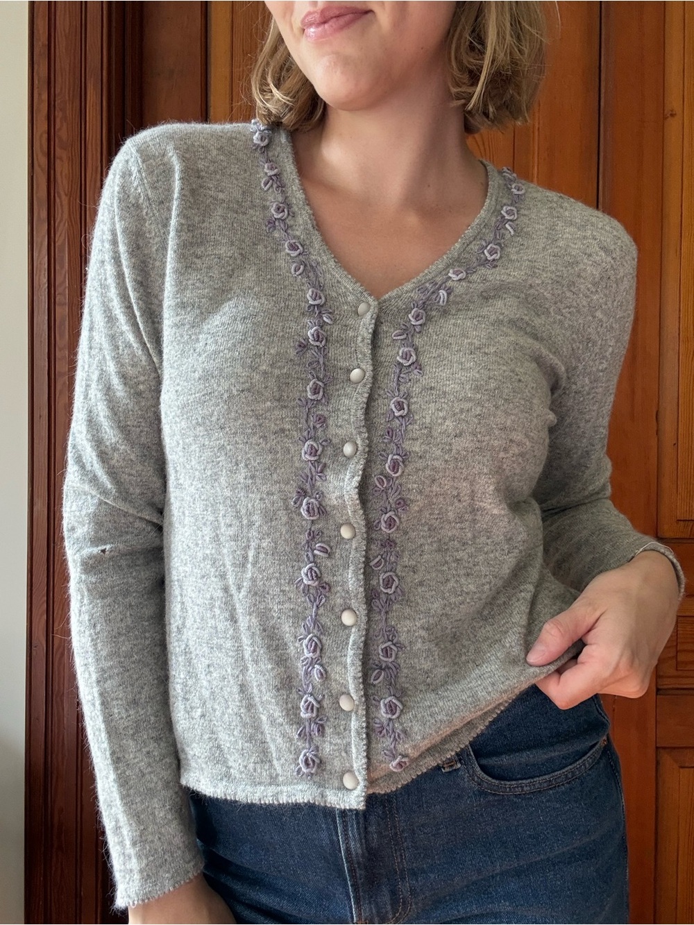 Liz Sport Light Gray Wool Blend Cardigan Sweater